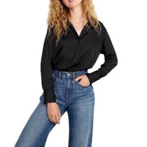 NWT OLD NAVY Black Satin Loose Fit Oversized Boyfriend Button Down Blouse XS/S